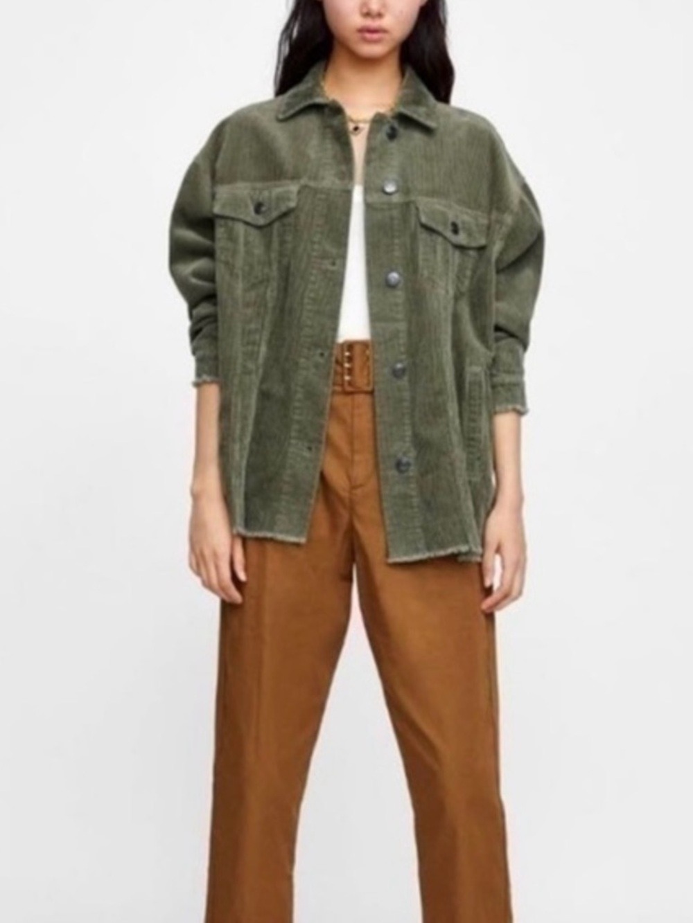 Zara Olive Corduroy Jacket XS Oversized - Picture 2 of 8